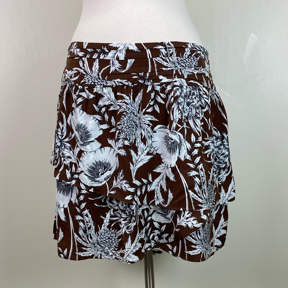 NEW Express Asymmetrical Tiered Tropical Floral Print Mini Skirt | BROWN | Sz 14 - Picture 4 of 12